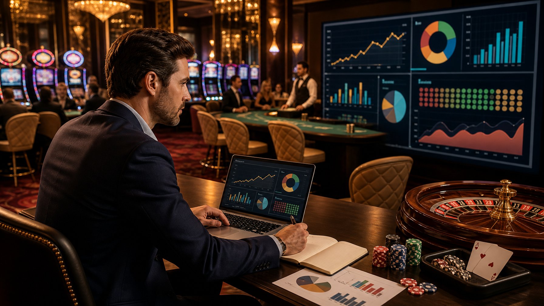 A Person Reviewing Casino Data At A Desk Inside A Modern Casino With Gaming Tables, Slot Machines, And Casino Elements Around.