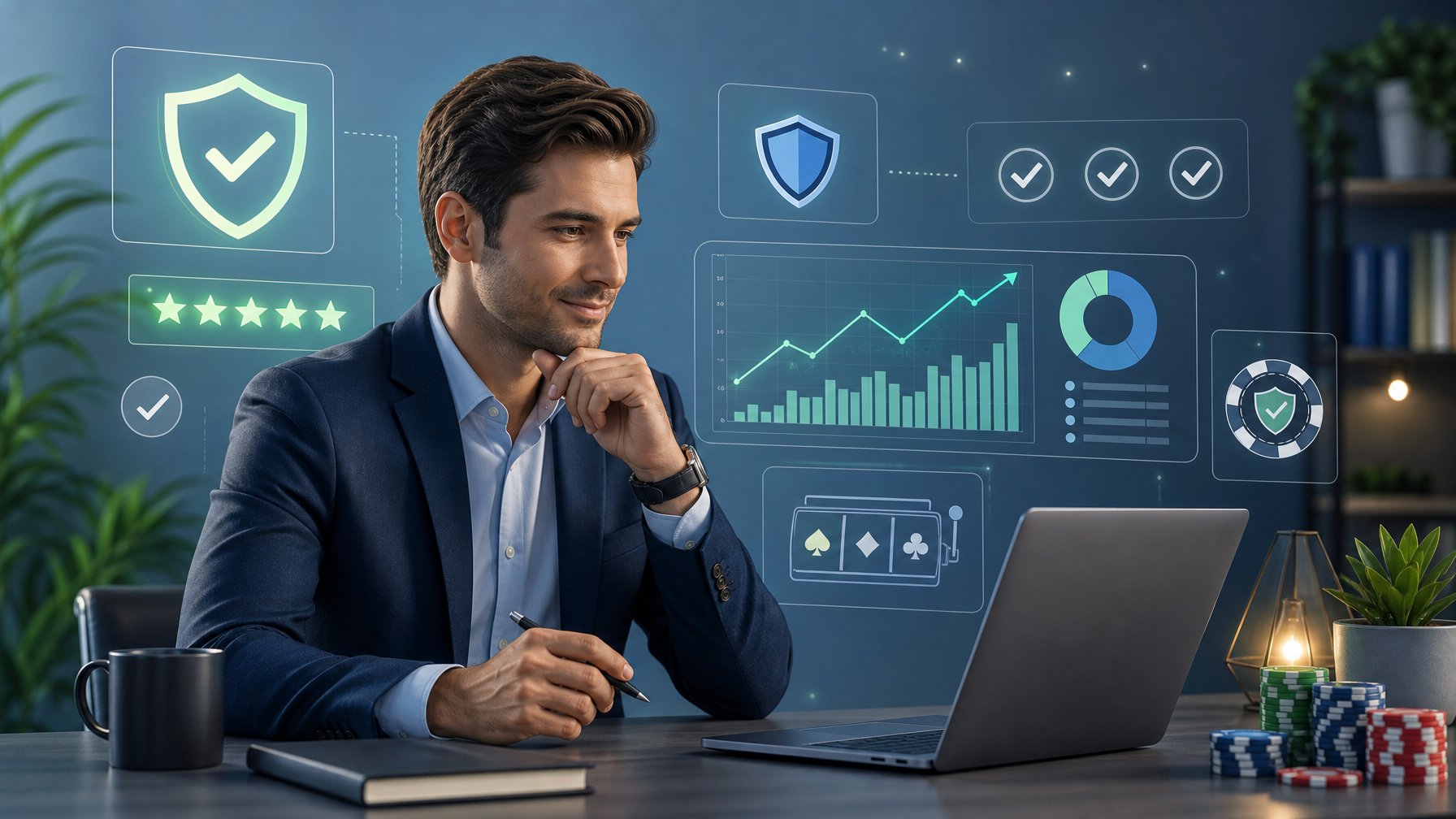 A Person Sitting At A Desk With A Laptop, Surrounded By Icons Representing Trust And Ratings, Analyzing Online Casino Data.