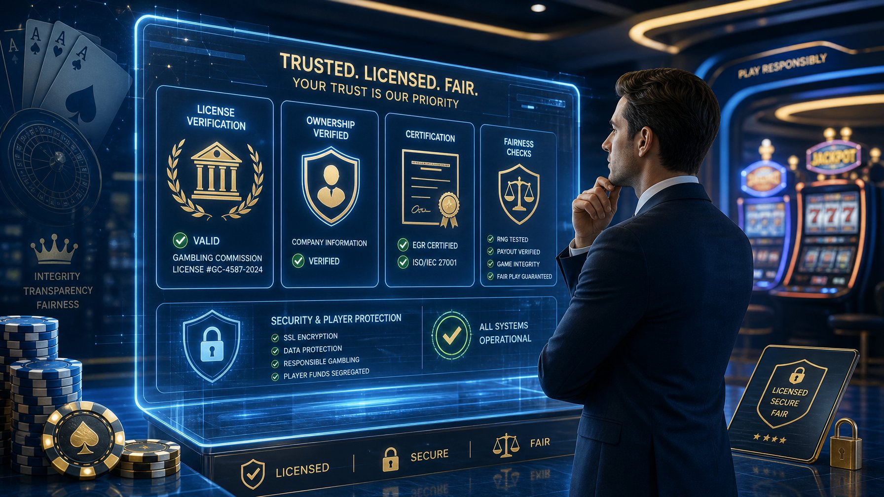 A Business Professional Examining Holographic Legal Documents And Security Icons With Casino Elements Like Poker Chips And Cards In The Background.