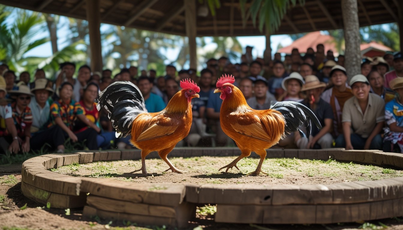 Dua ayam jago bertarung di arena kayu dengan kerumunan penonton yang antusias di luar ruangan di Indonesia.