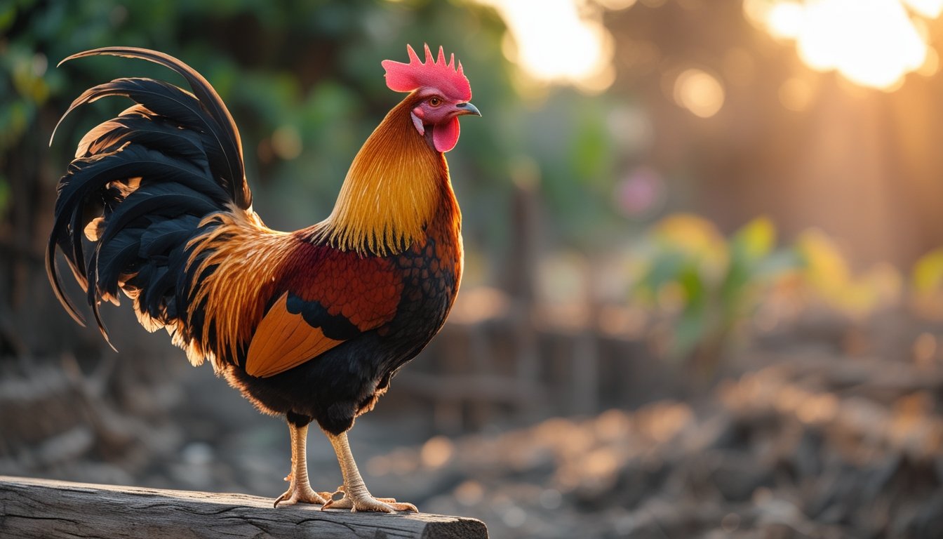 Seekor ayam Bangkok berdiri tegak di atas tiang kayu dengan latar belakang pepohonan hijau dan sinar matahari.