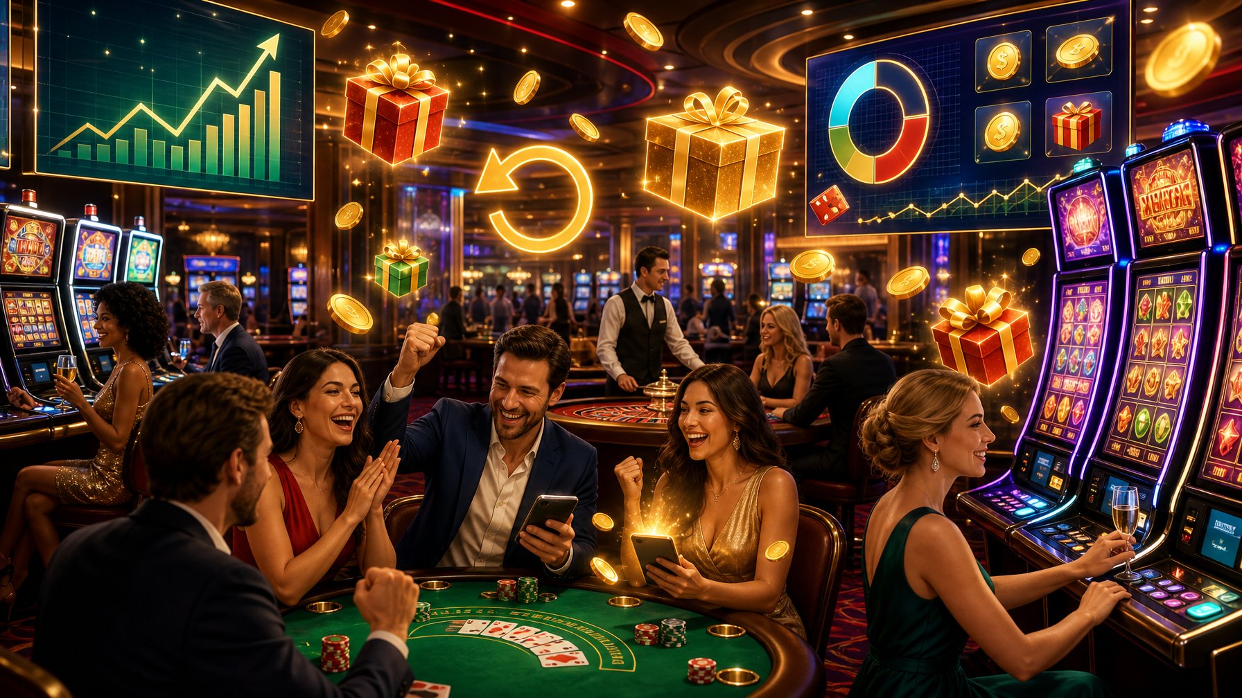 A Lively Casino Scene With Players Enjoying Games And Receiving Rewards, Surrounded By Slot Machines And Symbols Of Bonuses And Ongoing Offers.