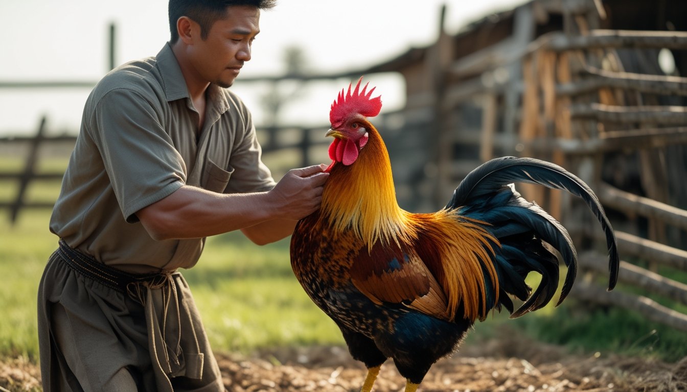 Seorang pria sedang melatih ayam sabung di halaman luar dengan latar belakang peternakan.