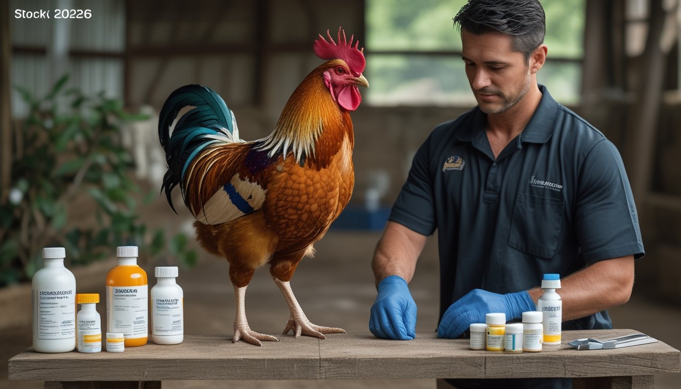 Seekor ayam jago yang sehat berdiri di tempat bertengger dengan perawatan dan obat-obatan di sekitarnya, serta seorang perawat yang sedang merawat ayam tersebut.