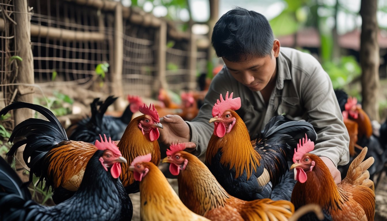 Seseorang sedang memilih dan memeriksa ayam sabung yang sehat dan kuat di peternakan dengan beberapa sabun ayam lainnya di sekitar.