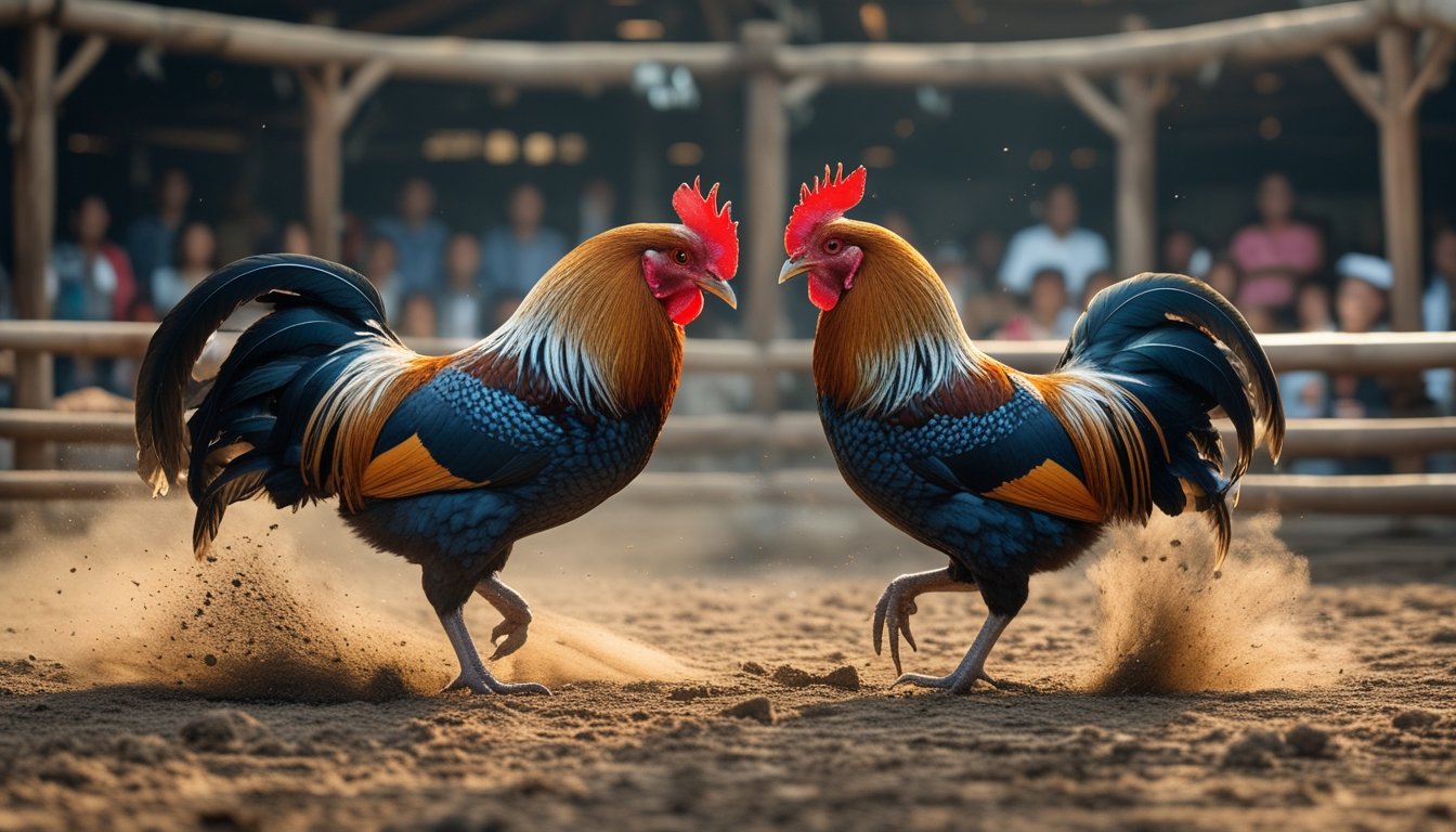 Dua ayam jago sedang berhadapan di arena adu ayam dengan latar belakang penonton dan arena kayu.