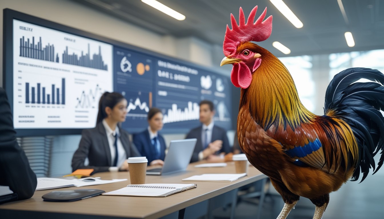 Sekelompok profesional sedang menganalisis data di ruang kerja modern dengan gambar ayam jago di layar dan seekor ayam jago sehat di dekat mereka.