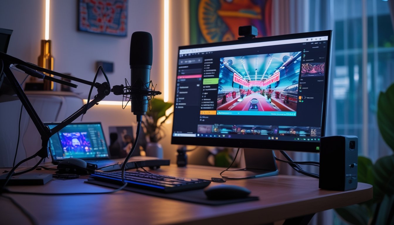 Sebuah ruang kerja modern dengan komputer dan peralatan streaming yang menampilkan tampilan siaran langsung yang dinamis.
