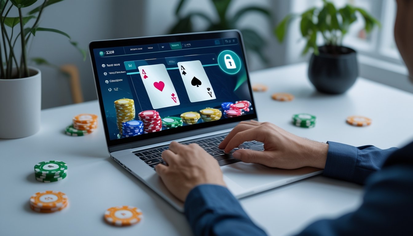 Seseorang menggunakan komputer dengan layar menampilkan permainan poker online, di meja kerja yang rapi dan terang.
