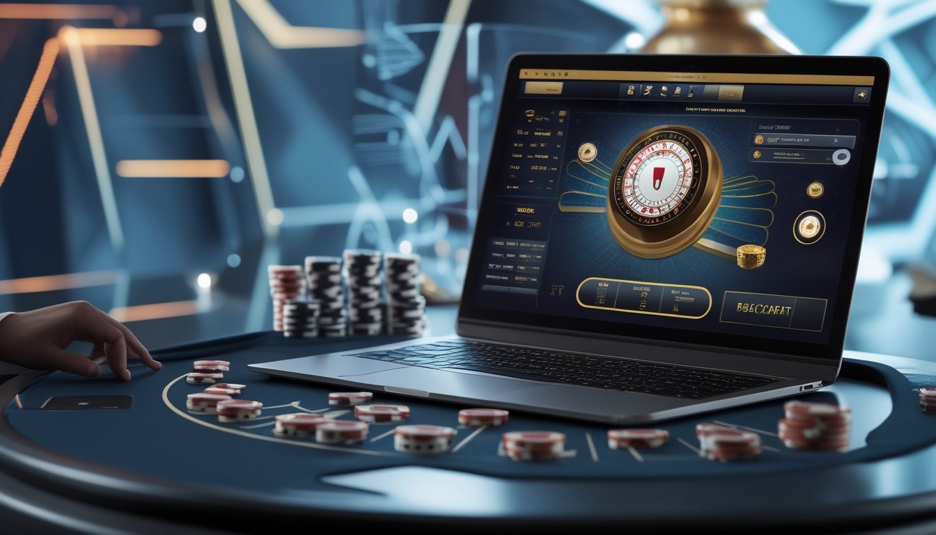 Meja permainan baccarat dengan kartu dan chip, layar perangkat menampilkan antarmuka permainan baccarat online yang modern dan menarik.