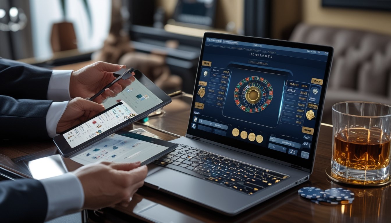 Seseorang sedang menganalisis strategi taruhan baccarat online dengan laptop dan catatan di meja.