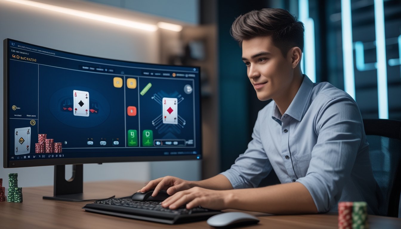 Seseorang duduk di depan komputer dengan tampilan permainan baccarat online, di ruangan yang rapi dan modern.