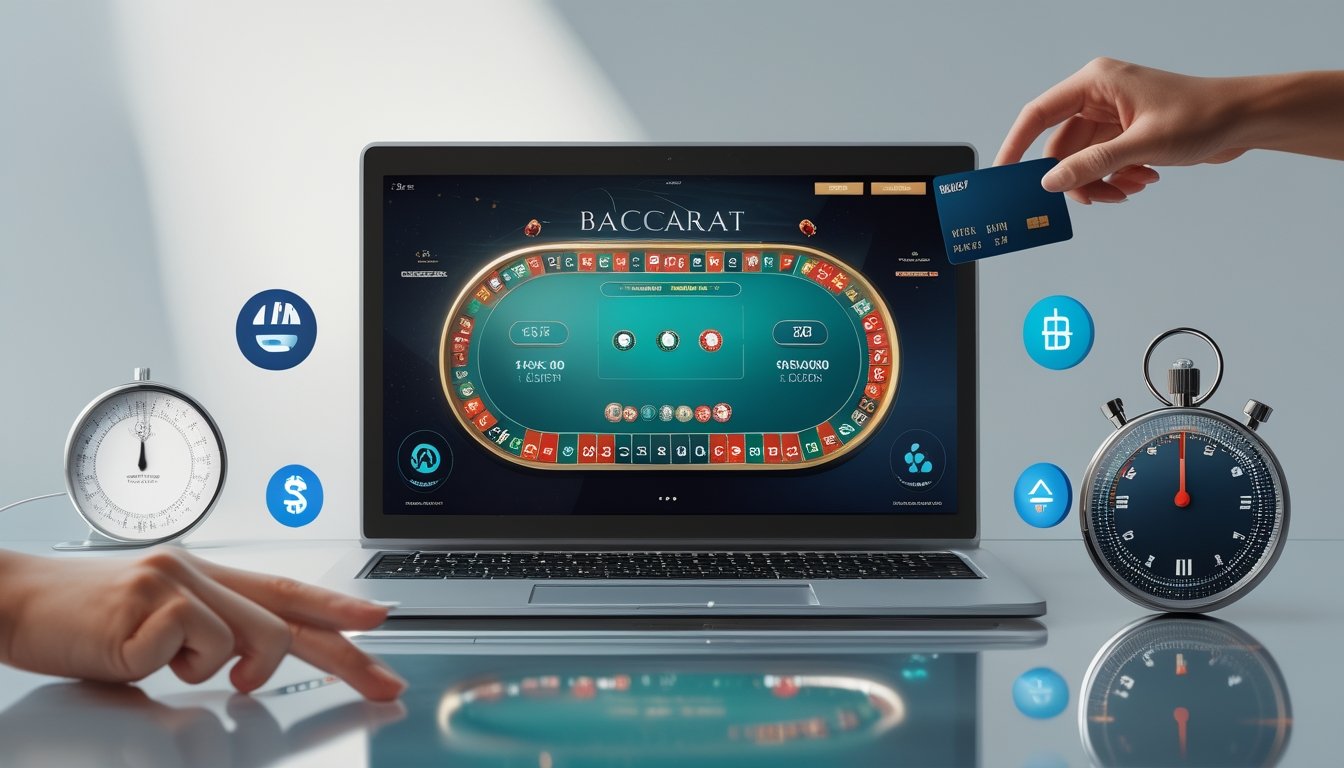Seseorang menggunakan komputer dengan tampilan permainan baccarat online dan simbol transaksi cepat di sekitarnya.
