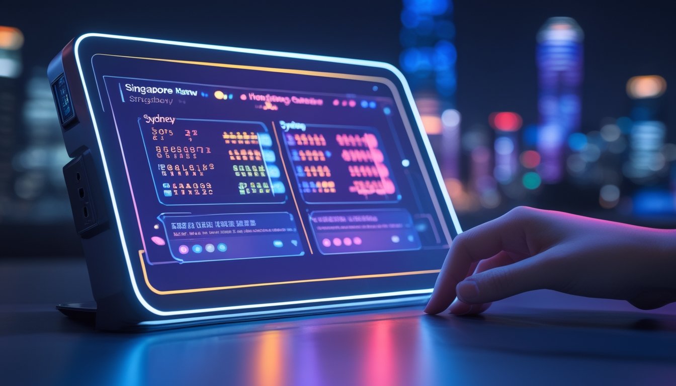 antarmuka digital modern dengan angka dan grafik lotere yang bercahaya, latar belakang kota malam hari dengan lampu warna-warni.