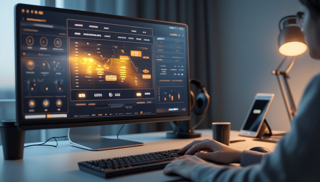 Meja kerja modern dengan komputer yang menampilkan antarmuka platform taruhan online, tangan seseorang menggunakan mouse dan keyboard.