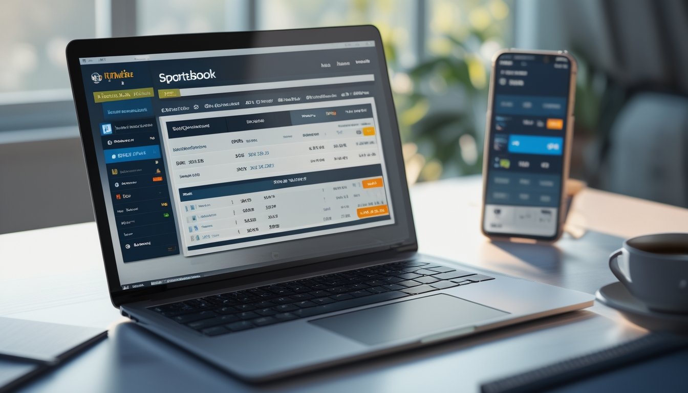 Seorang pria menggunakan laptop di meja kerja dengan aplikasi taruhan online terbuka, di sekitar meja terdapat ponsel, cangkir kopi, dan buku catatan.