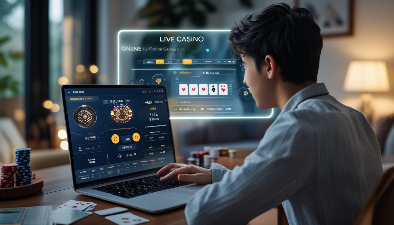 Seorang pemain muda sedang bermain kasino langsung secara online di rumah dengan laptop dan peralatan kasino di sekitarnya.