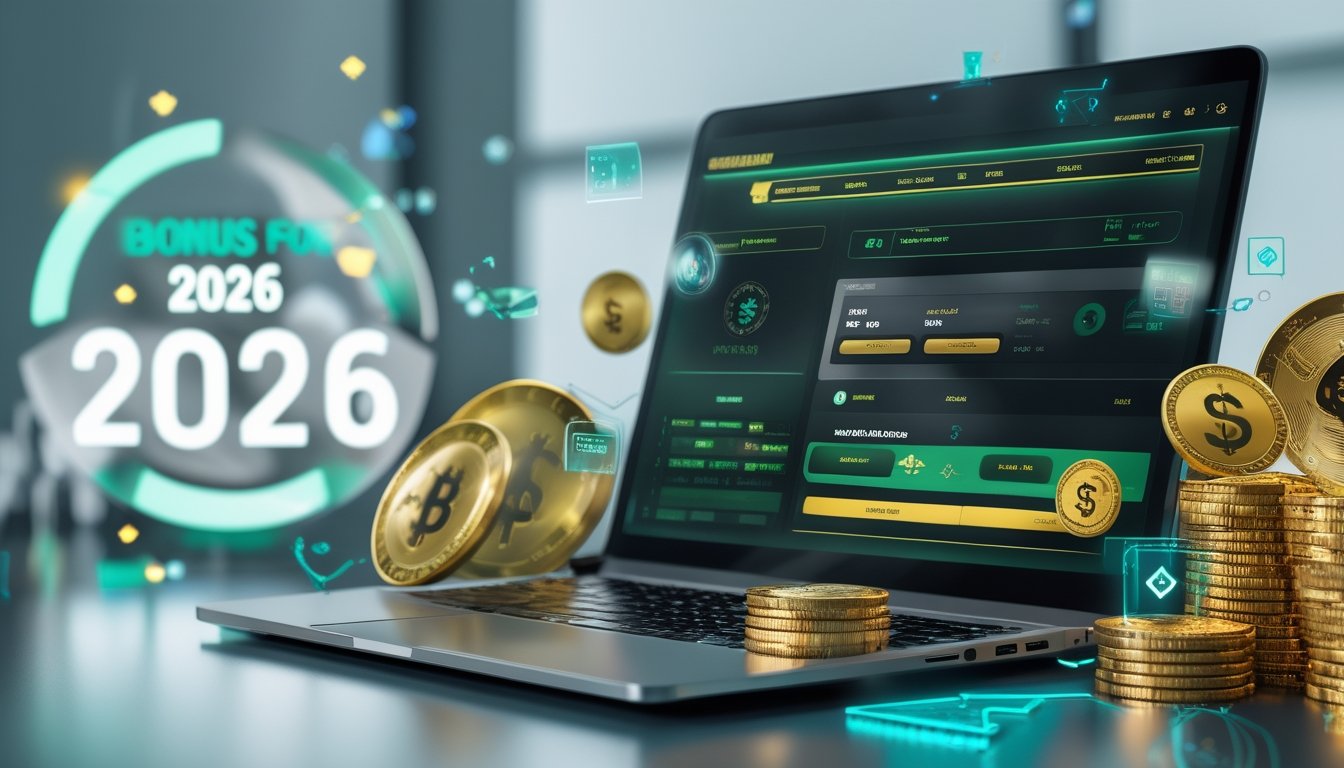 Meja kerja modern dengan laptop yang menampilkan platform taruhan online dan ikon koin serta uang sebagai simbol bonus dan cashback.