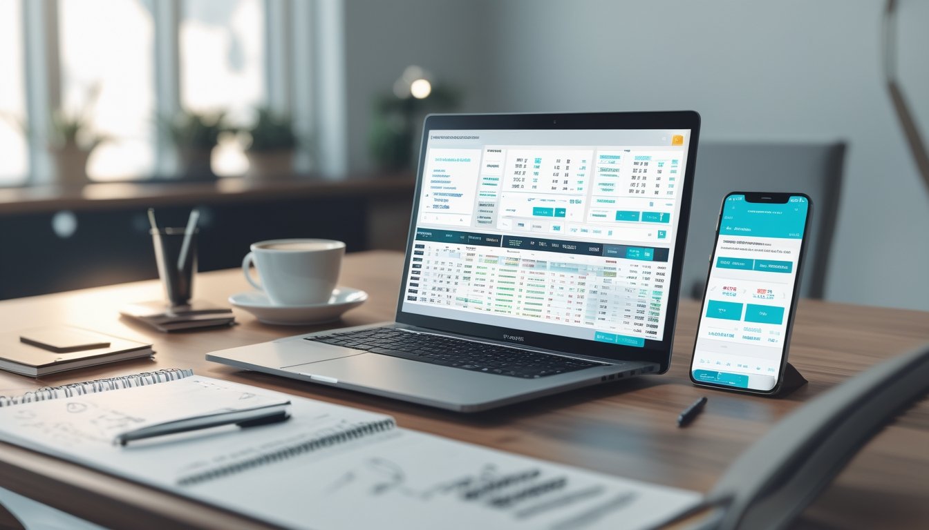 Seorang profesional sedang bekerja di meja dengan laptop dan ponsel yang menampilkan data taruhan online, di ruang kantor yang rapi dan terang.