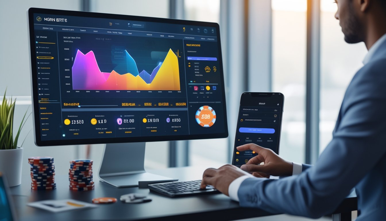 Seorang profesional menggunakan komputer dan ponsel di meja kerja modern dengan grafik dan ikon transaksi online.