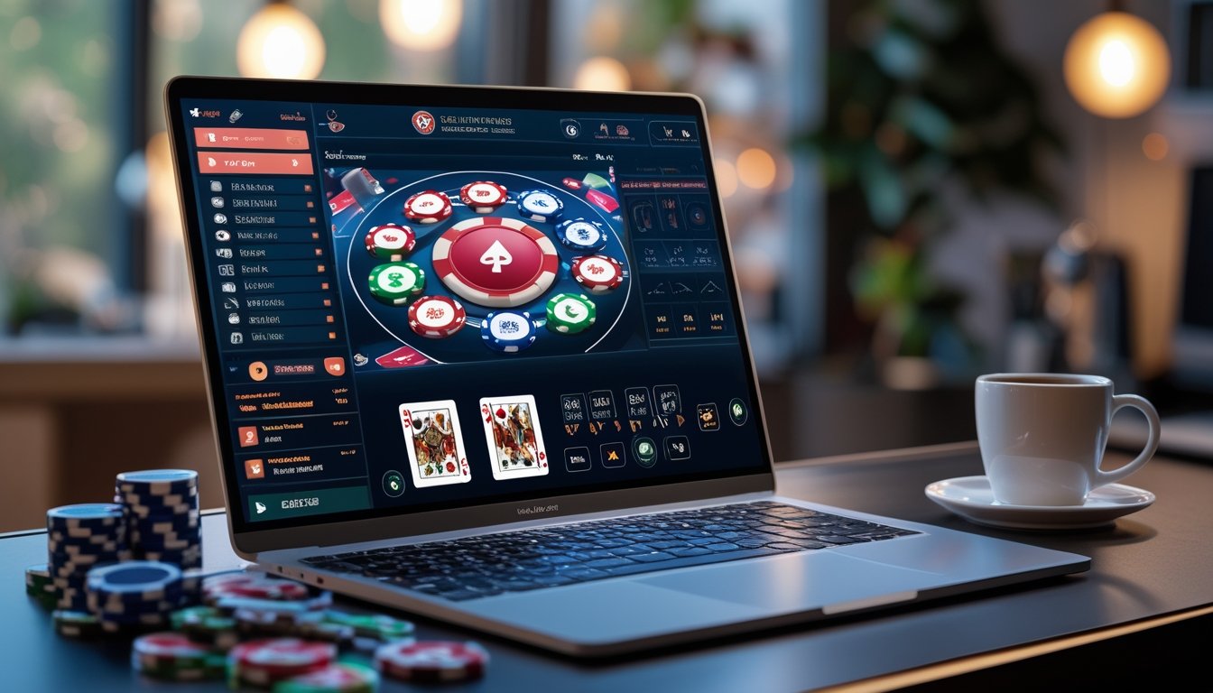 Sebuah meja dengan komputer yang menampilkan permainan poker online, chip poker, kartu bermain, dan suasana ruangan yang nyaman.