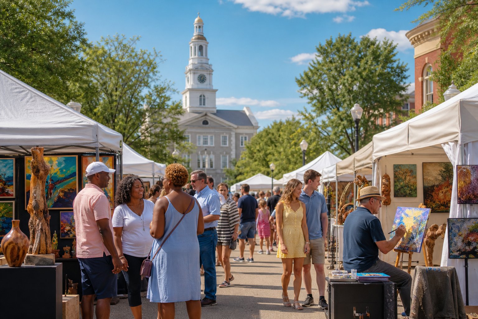 People enjoying an outdoor art festival with colorful booths and historic buildings in the background.