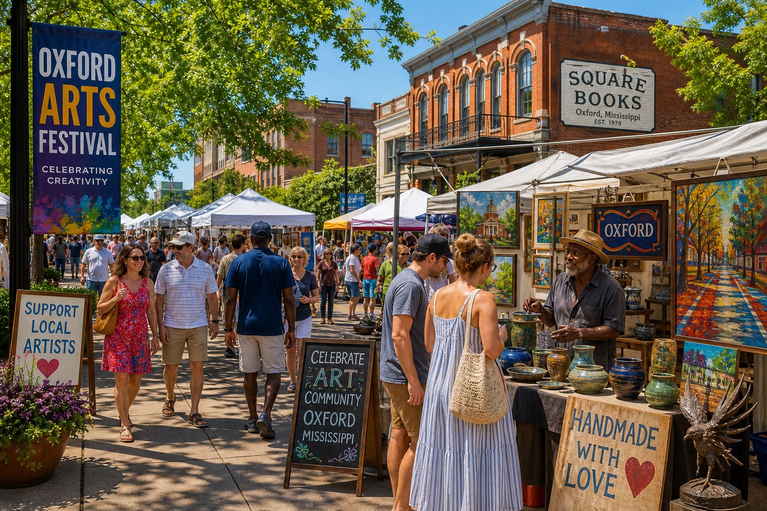 People enjoying an outdoor art festival with colorful booths and artwork displayed along tree-lined streets in a town setting.