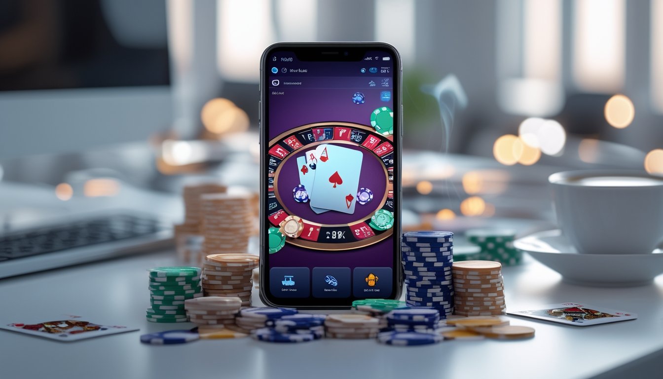 Sebuah ponsel menampilkan permainan poker online dengan kartu dan chip poker di atas meja.
