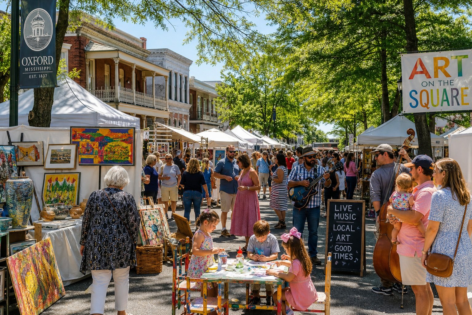 People enjoying an outdoor art festival with colorful artworks, tents, and musicians in a tree-lined street in Oxford, Mississippi.