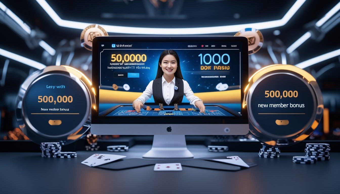 Seorang dealer kasino live yang ramah tampil di layar komputer dengan latar belakang permainan kasino online dan simbol bonus.