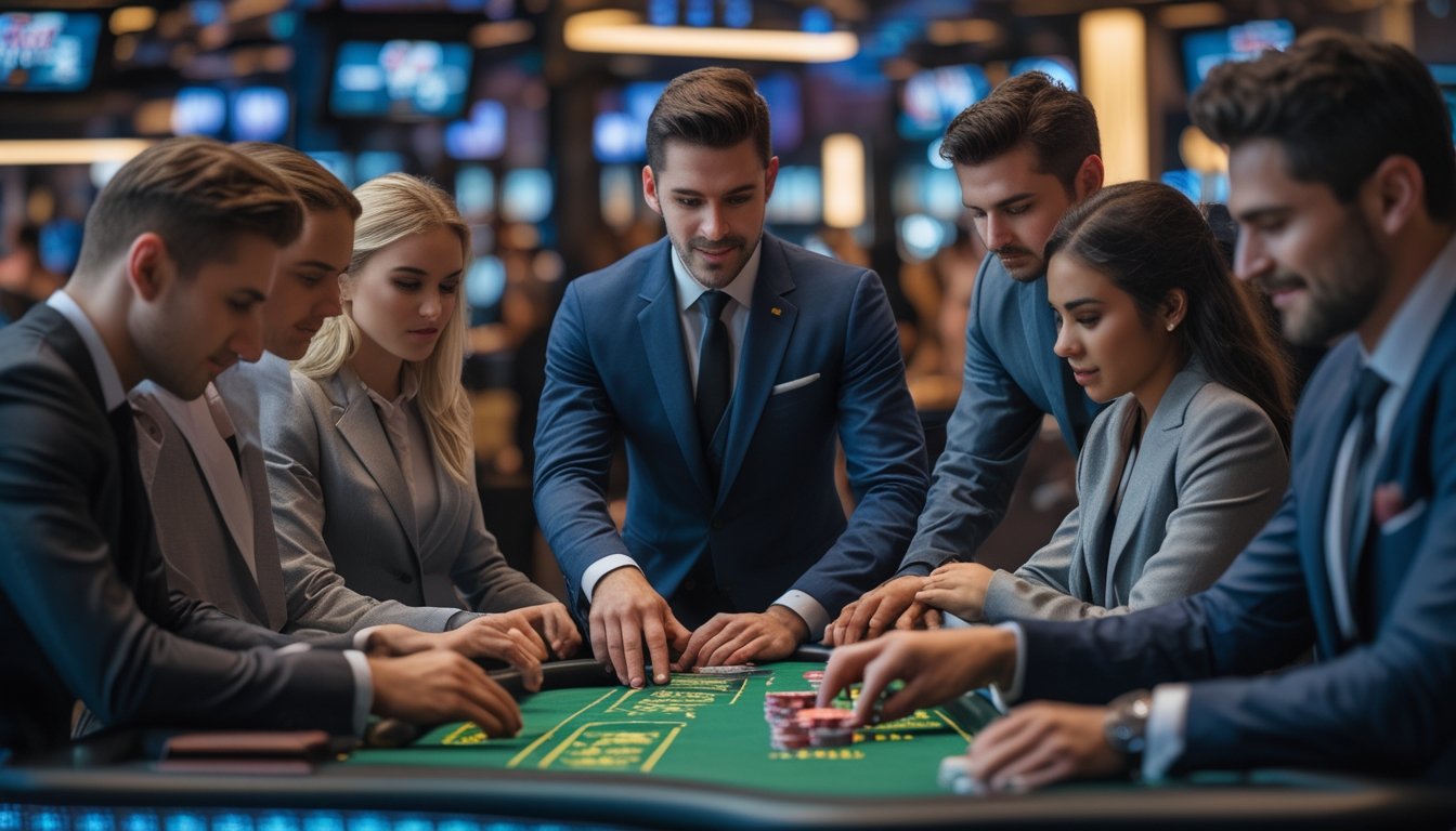 Sejumlah pemain fokus bermain blackjack di meja kasino langsung dengan dealer yang melayani kartu.