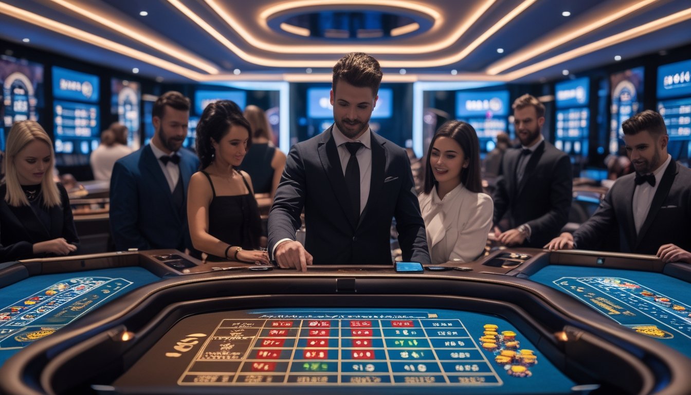 Suasana kasino langsung modern dengan meja permainan dan pemain yang menggunakan perangkat mobile untuk melakukan deposit tanpa potongan.