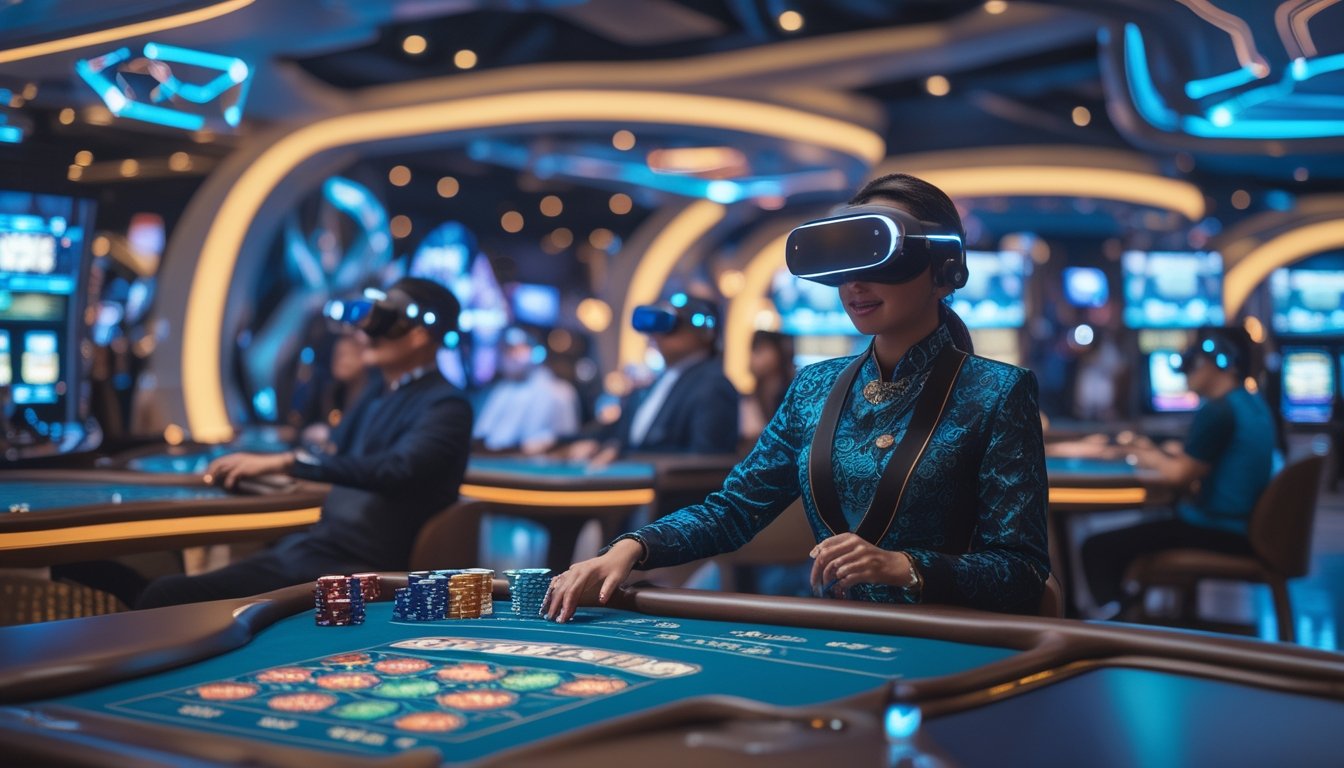 Seorang dealer asli Indonesia sedang melayani pemain di kasino dengan teknologi realitas virtual dan suasana modern yang ramai.