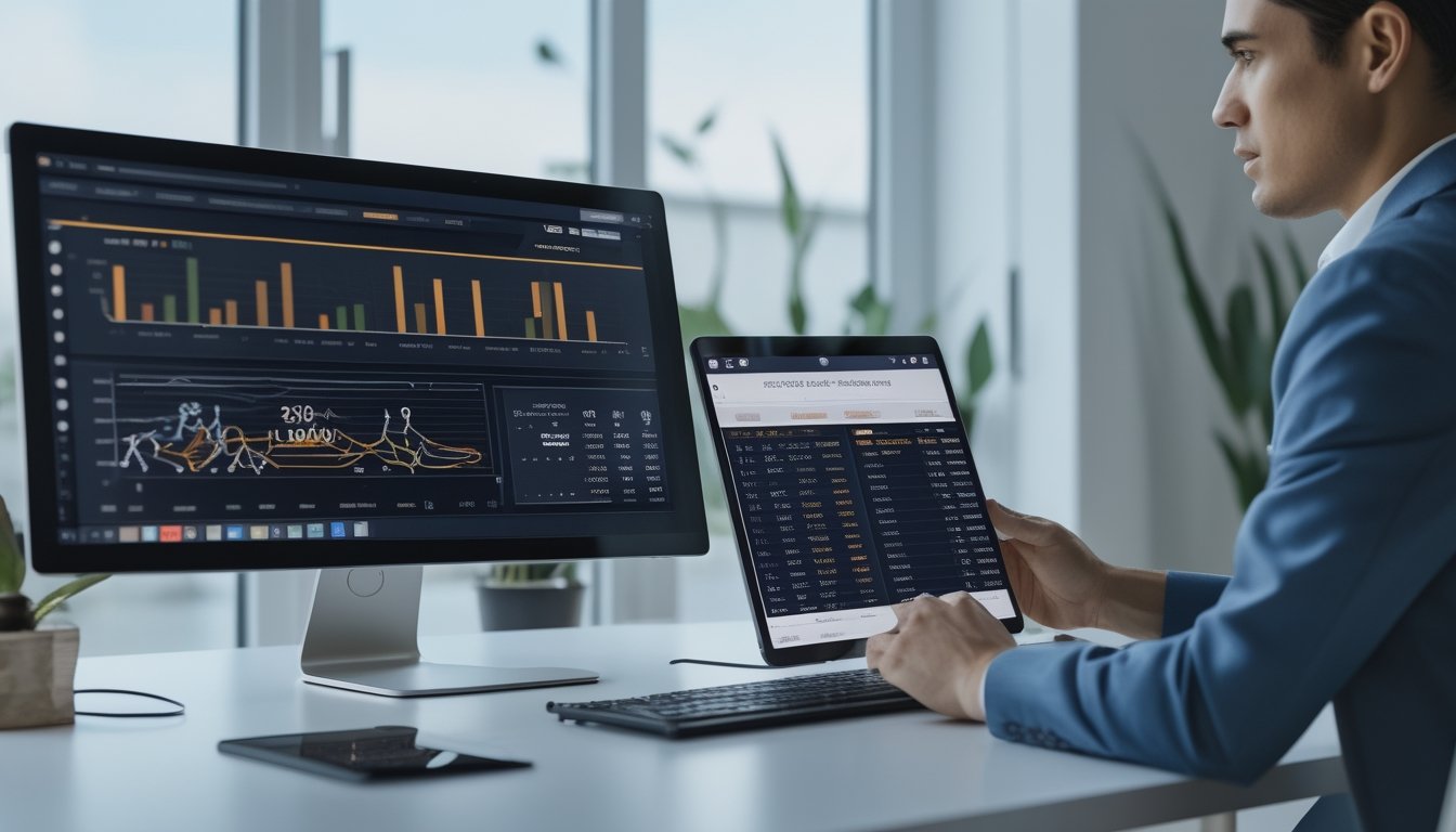 Seseorang sedang menganalisis data prediksi togel online di depan komputer di ruang kerja yang rapi dan modern.