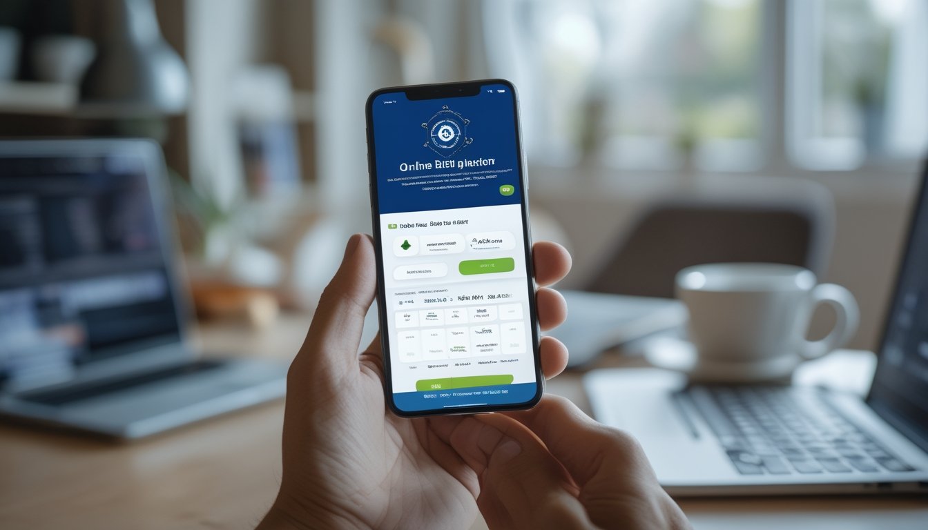 Seseorang memegang ponsel yang menampilkan platform taruhan online di latar ruang kerja rumah yang nyaman.