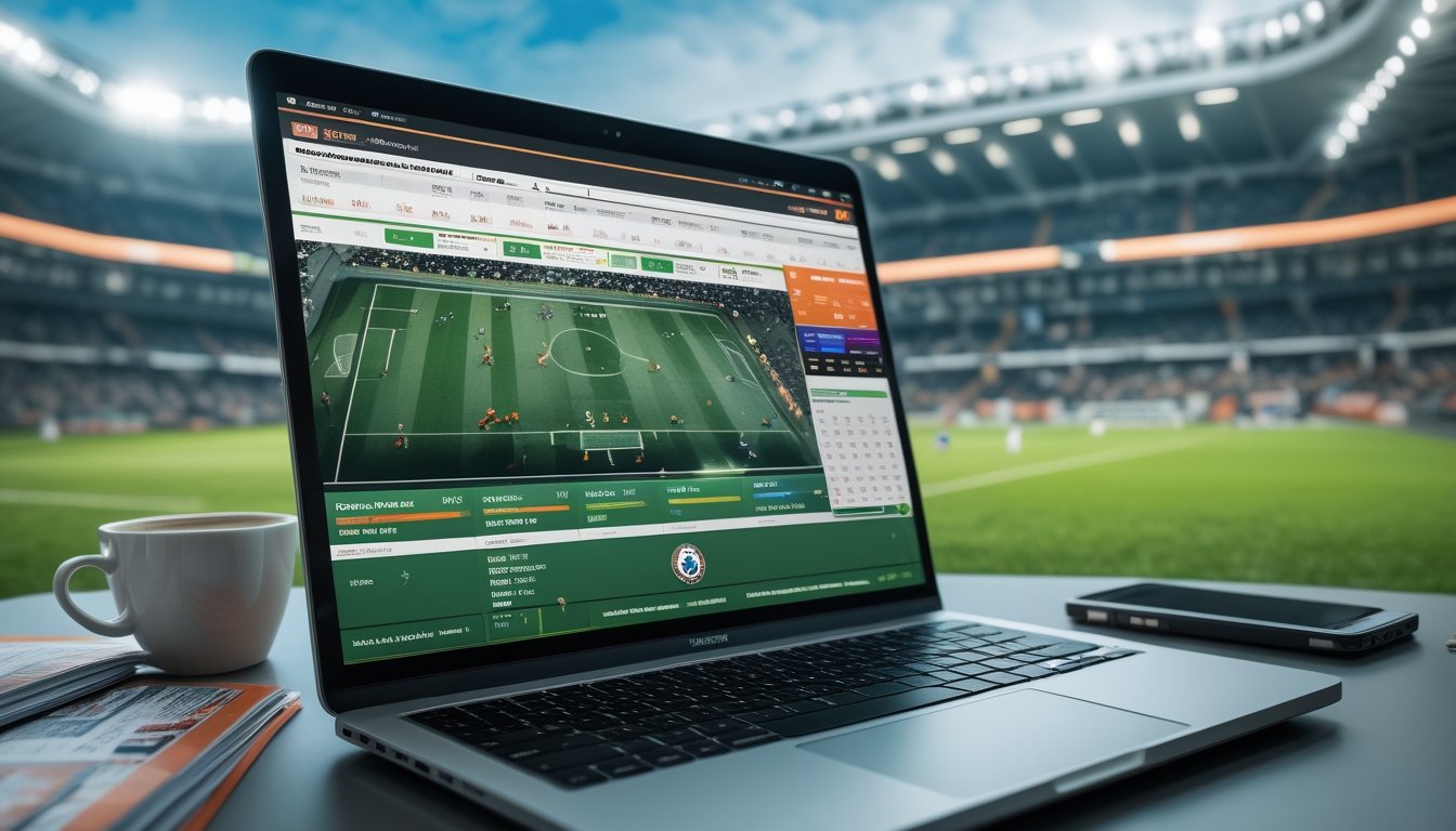 Seorang analis olahraga bekerja di depan laptop dengan data dan jadwal pertandingan sepak bola, layar besar menampilkan pertandingan sepak bola yang sedang berlangsung.