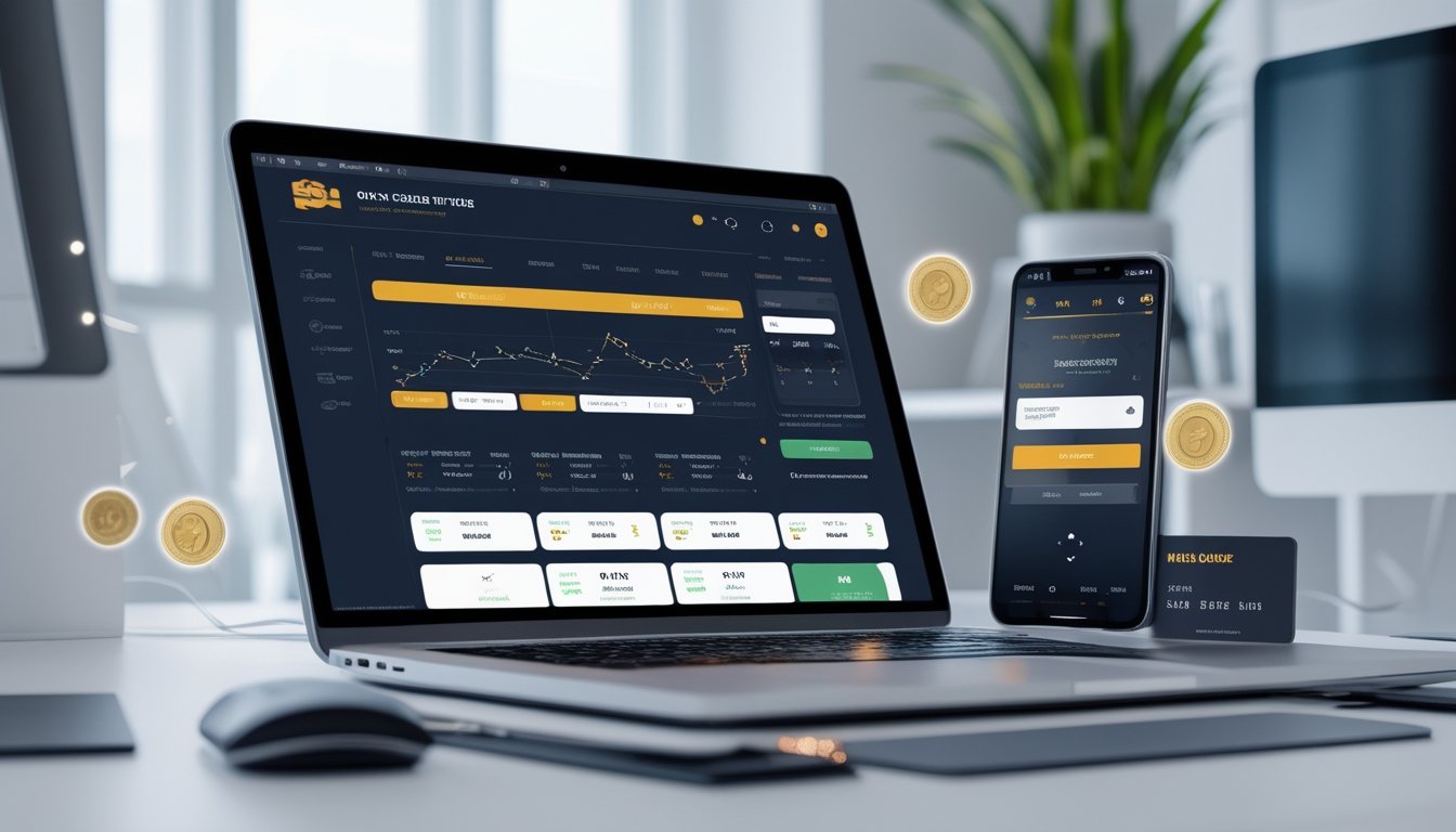 Seseorang menggunakan komputer dan ponsel untuk mengakses platform taruhan online di ruang kerja yang rapi dan terang.