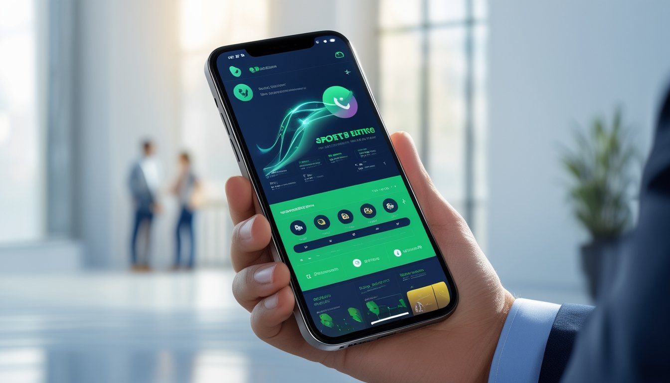 Seseorang memegang smartphone yang menampilkan aplikasi taruhan olahraga dengan antarmuka modern dan fitur lengkap.