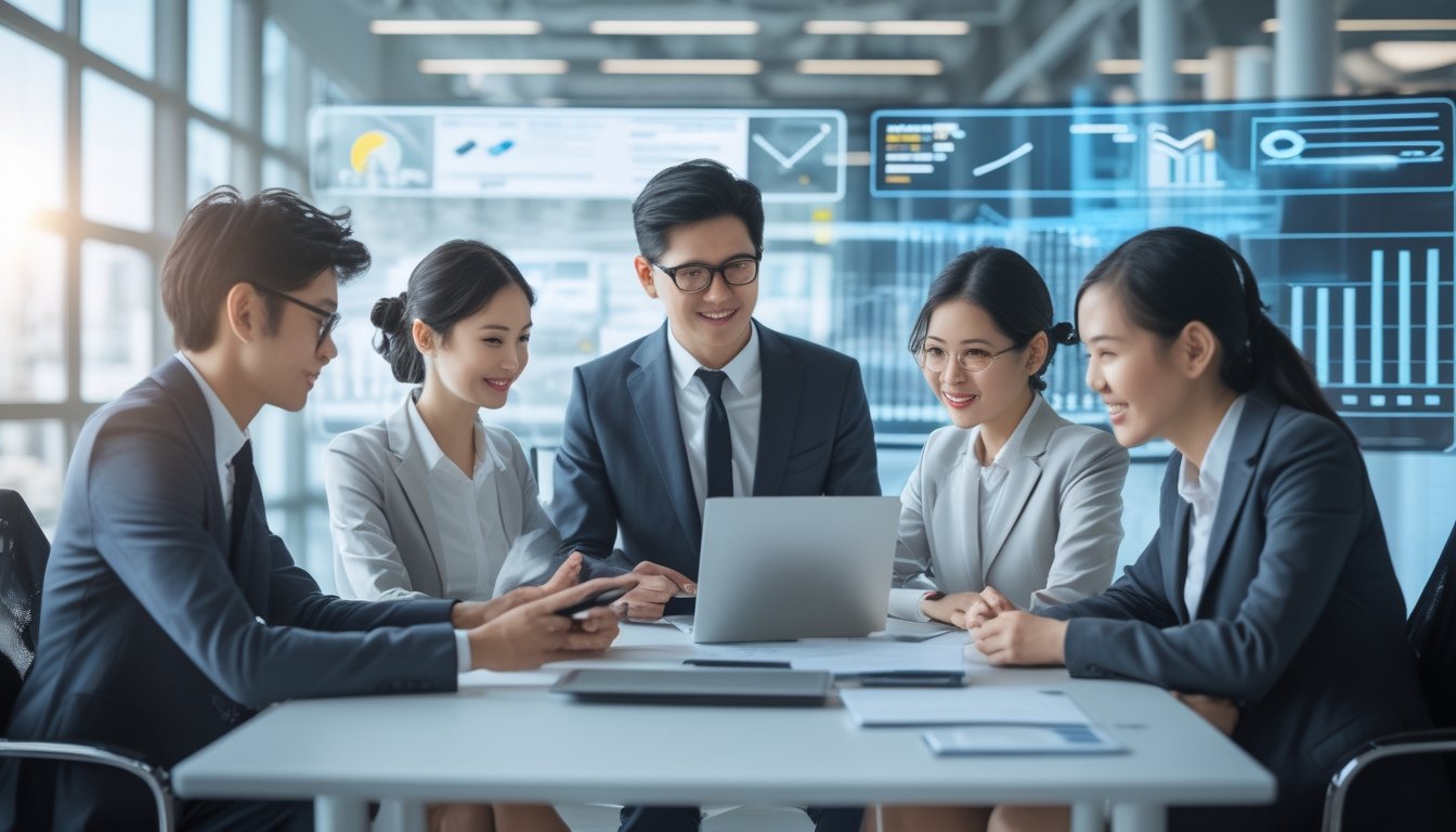 Sekelompok profesional Asia muda sedang berdiskusi di kantor modern dengan perangkat digital dan grafik di layar.