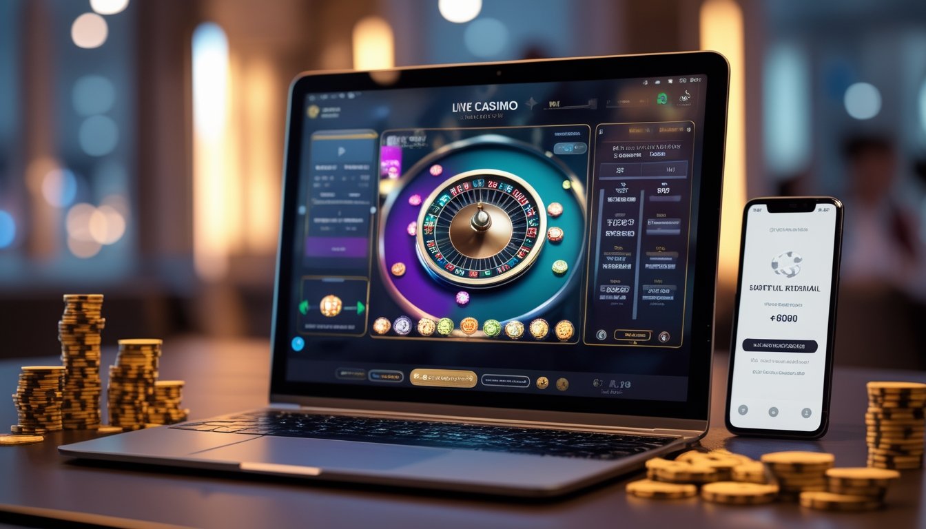 Seorang pemain menggunakan laptop dengan tampilan kasino langsung di layar, disertai chip dan smartphone yang menunjukkan konfirmasi cepat.