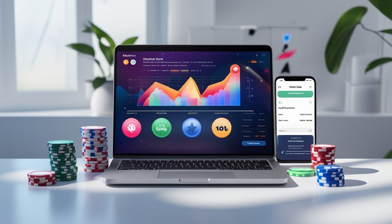 Meja kerja dengan laptop menampilkan antarmuka aplikasi taruhan online, dengan chip poker dan kartu remi, dengan pencahayaan alami yang cerah.
