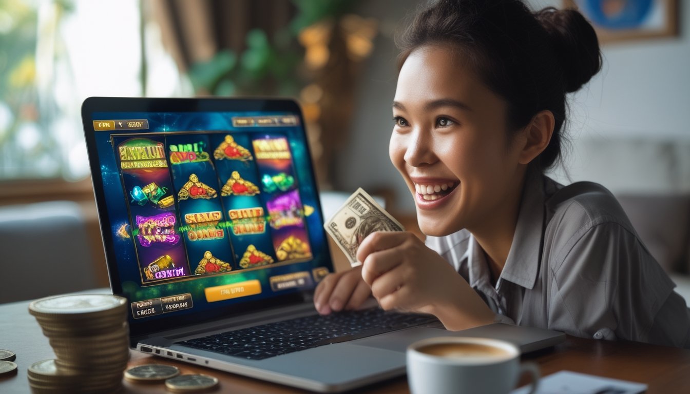 Seseorang sedang bermain permainan slot online di laptop dengan ekspresi senang di ruang tamu yang nyaman.