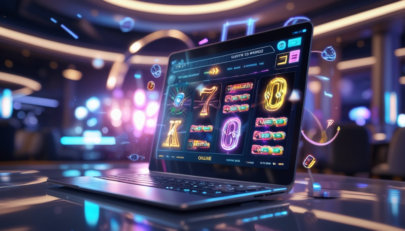 Seorang pemain menggunakan komputer dengan tampilan permainan slot online yang berwarna-warni dan menarik.