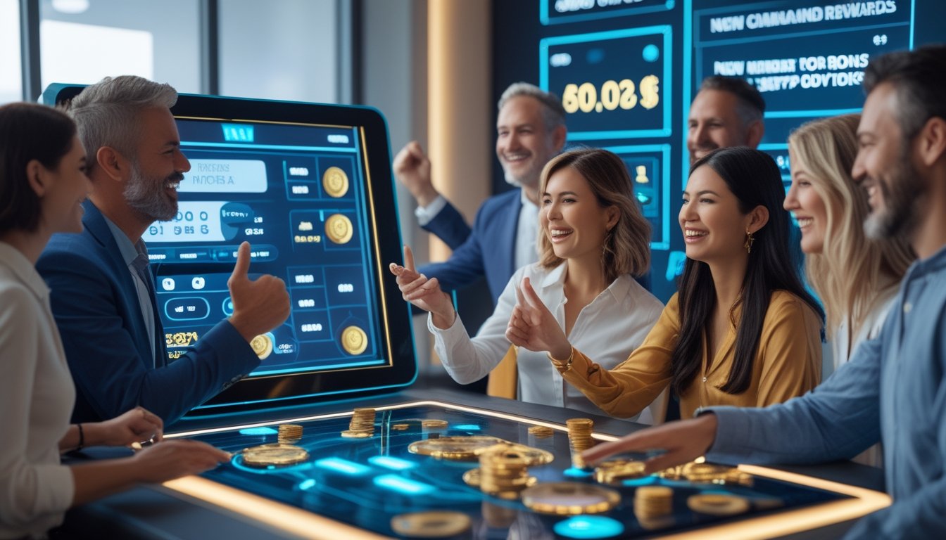 Beberapa orang tersenyum dan berkumpul di sekitar mesin slot digital futuristik di ruangan modern yang terang dan stylish.