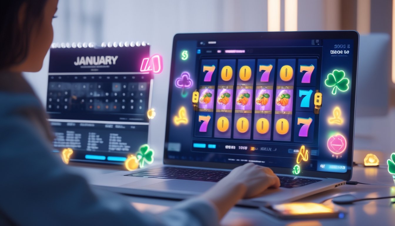 Seorang pemain sedang menggunakan komputer dengan layar menampilkan permainan slot online yang penuh warna dan simbol keberuntungan, dengan kalender bulan Januari 2026 di latar belakang.