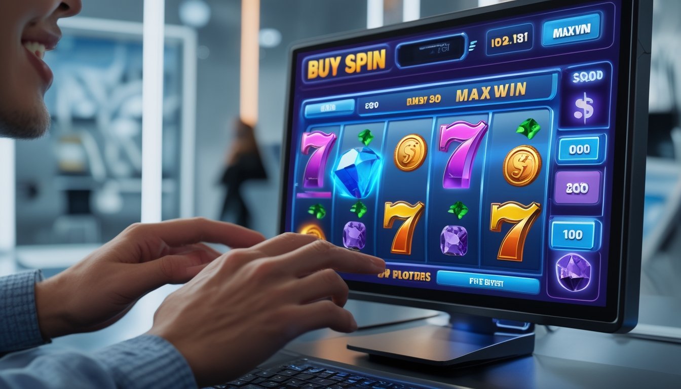 Seorang pemain yang fokus menggunakan perangkat digital dengan tampilan mesin slot online berwarna-warni di layar, menunjukkan suasana permainan slot yang seru dan modern.