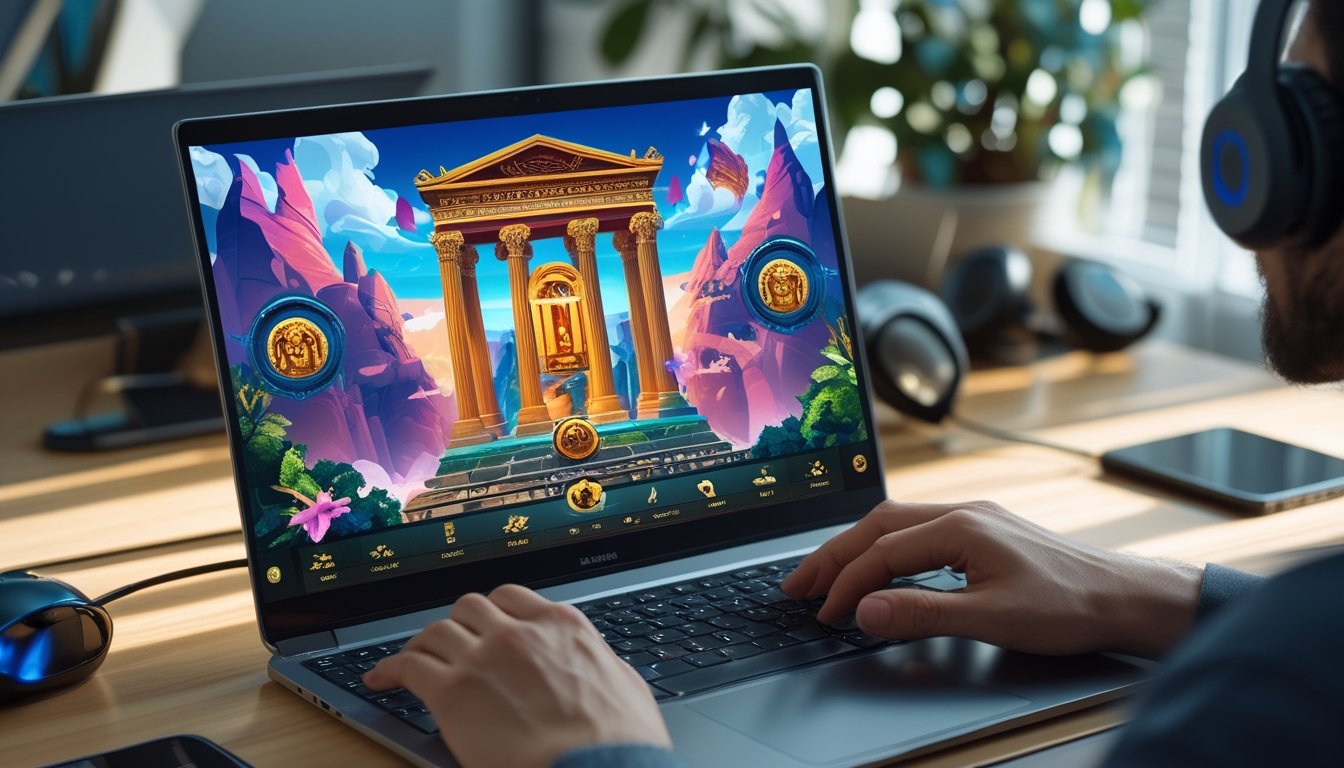 Seseorang sedang bermain permainan slot online dengan tema mitologi Yunani di laptop di ruang kerja modern.