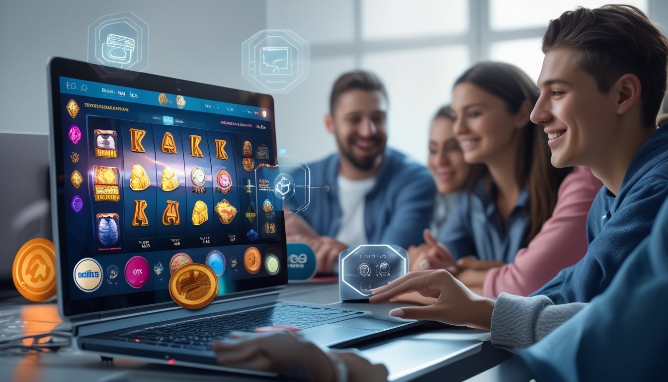 Orang-orang muda menggunakan laptop dan ponsel untuk bermain slot online dengan ikon pembayaran digital Dana, Ovo, dan LinkAja di sekitar mereka.