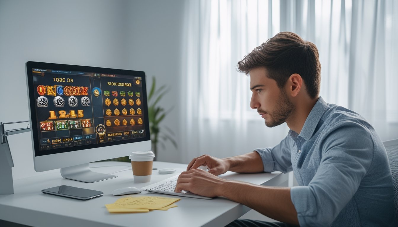 Seorang pria muda duduk di meja kerja dengan laptop yang menampilkan grafik mesin slot online, di ruang kerja rumah yang terang dan rapi.