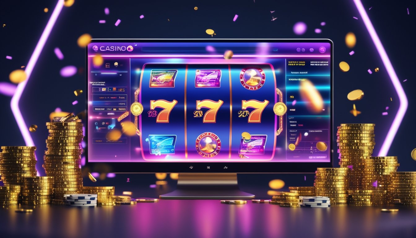 Tampilan layar komputer dengan ikon mesin slot berwarna-warni dan tumpukan koin emas serta chip poker di sekitarnya.